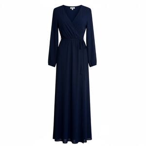 DB Studio Surplice Long Sleeve Faux Wrap Tie Belt Chiffon Maxi Dress Navy Sz 14